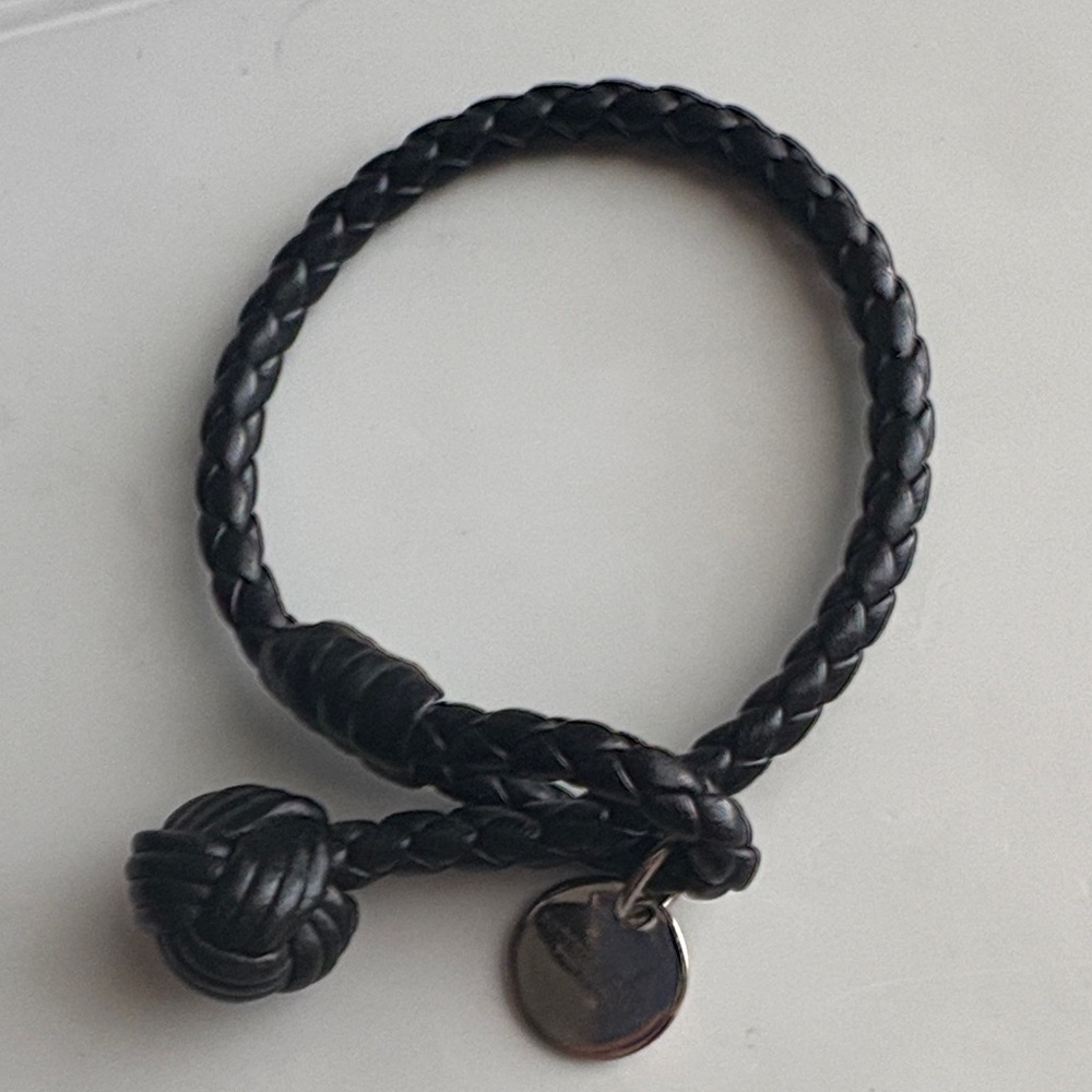 Bottega Veneta Black Woven Leather Bracelet with Silver Logo Disc